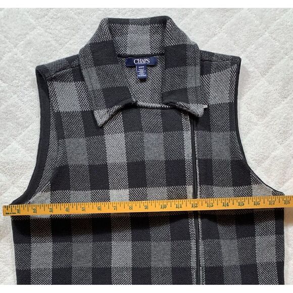 Chaps Sweater Vest Womens Medium Black & Gray Plaid Stretch Knit Full Zip - 304 - Picture 6 of 9